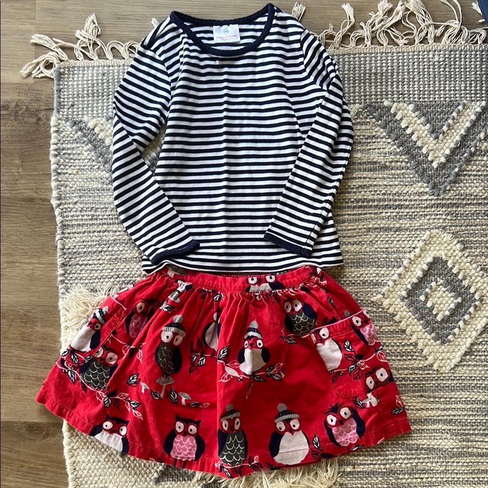 Striped navy blue Hanna Andersson Top and Mini Boden micro cord owl Skirt Set.